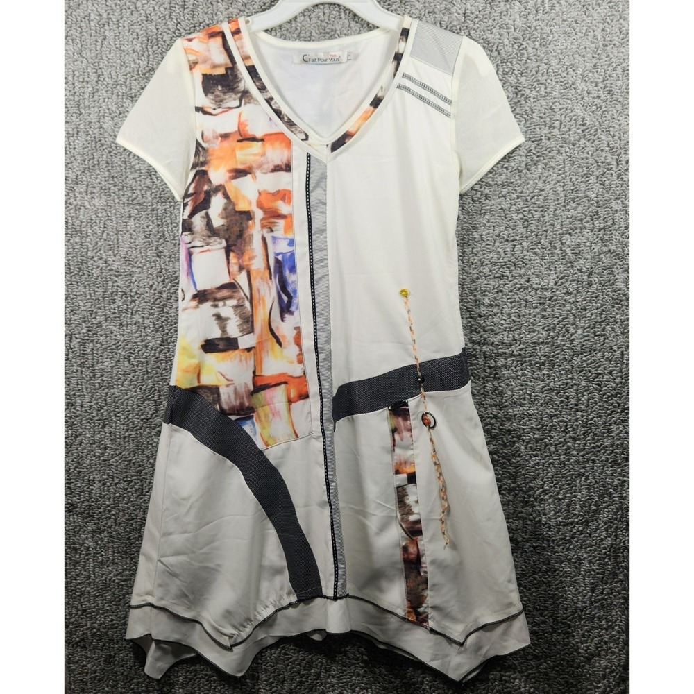 C'Fait Pour Vous Paris Abstract Art Print‎ Sharkbite Dress White Womens Small